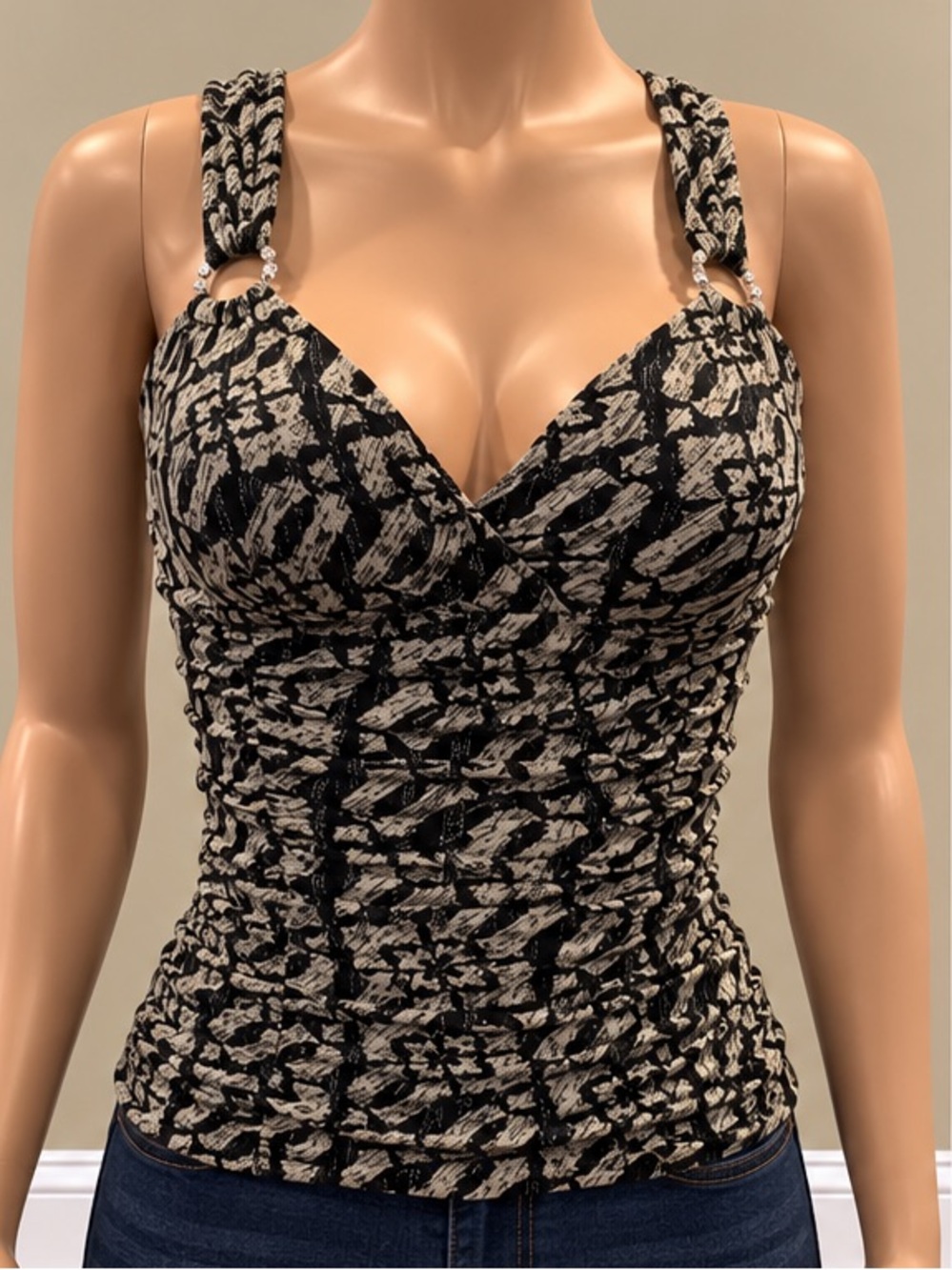 Vintage Y2K Express Mesh Ruched Cami Top Crystal Gem Hardware XS 90s 2000s